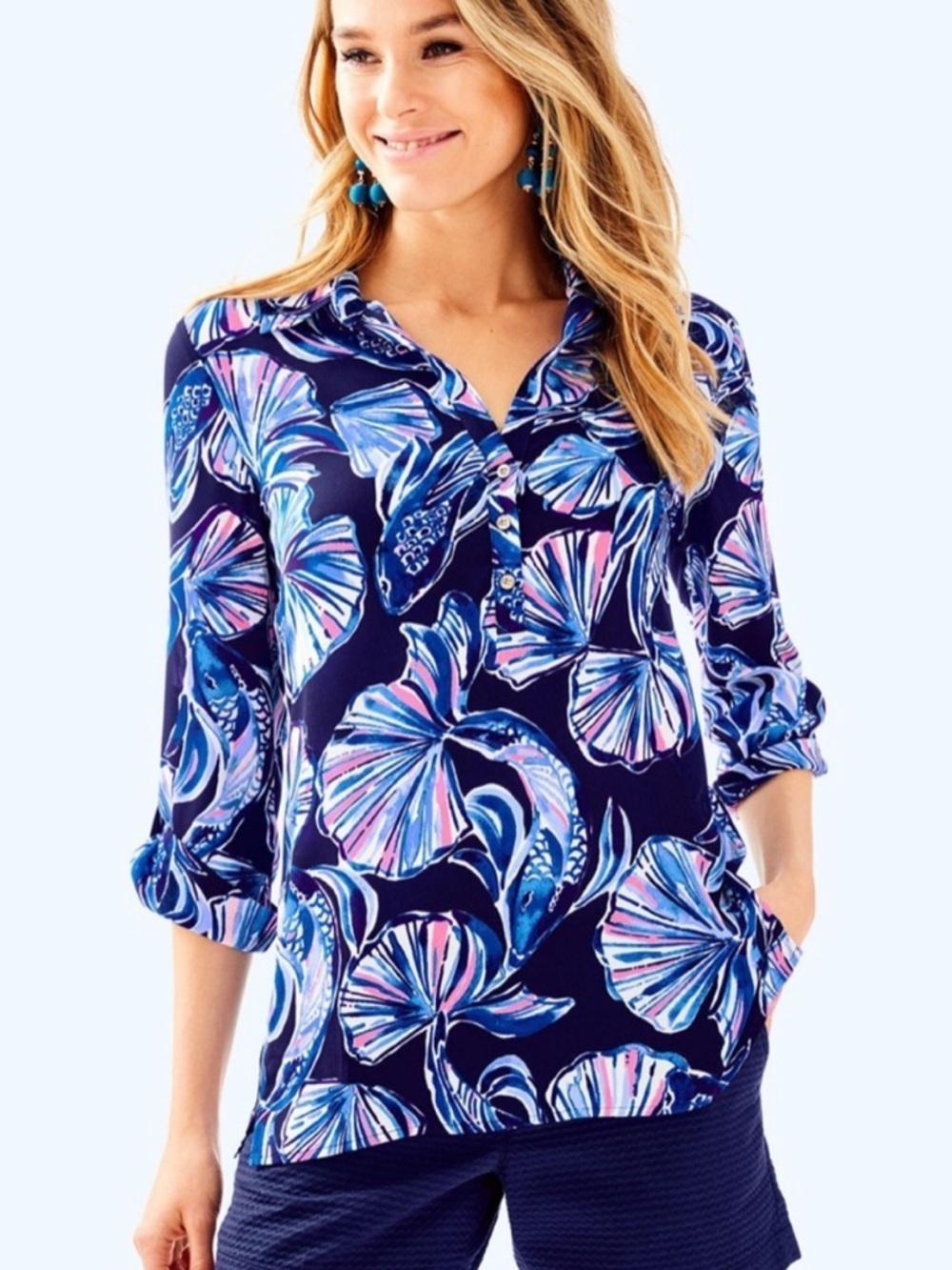 Lilly Pulitzer Navy Floral Top with Blue & Light Punk  Motif